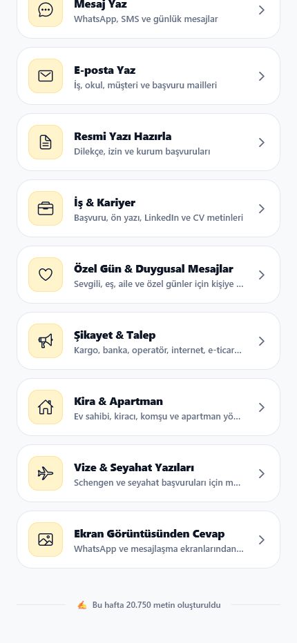 KolayYaz ana ekran — hızlı başlangıç ve kategoriler